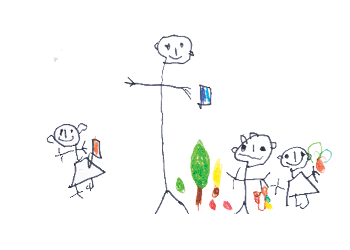 Child's drawing of someone picking up trash